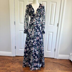 TJD Navy Slit Sleeve Floral V Neck Dress w/ Shorts, Maxi Rose Gold Beads Size XS